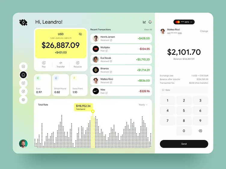 Modern personal banking dashboard UI showing account balances, recent transactions, and spending analytics in a clean digital layout 