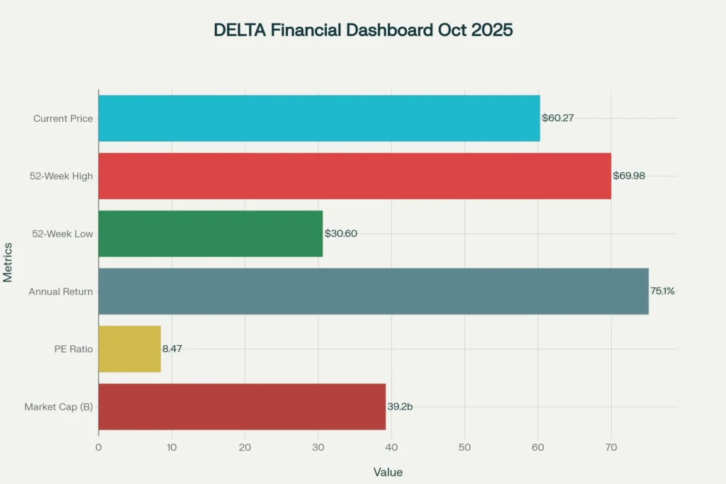 DELTA Air Lines Key Financial Metrics Dashboard - Showing strong fundamentals with 75% annual return and attractive 8.47 PE ratio