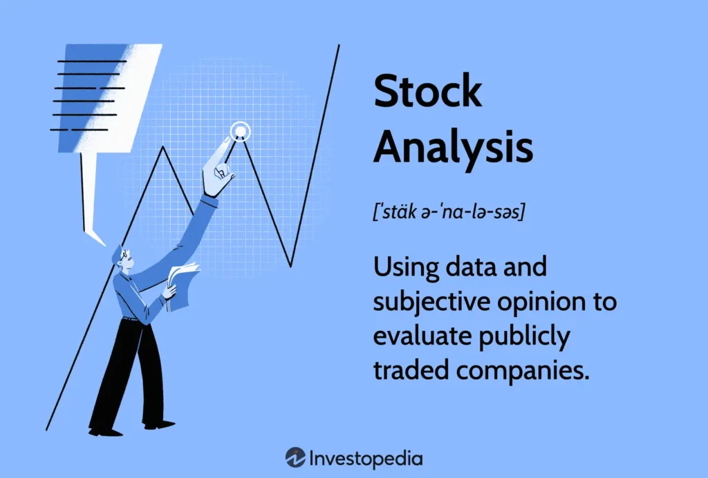 An illustration defining stock analysis as the evaluation of publicly traded companies using data and subjective opinion 