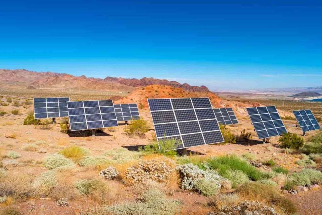 Solar panels in Nevada's desert landscape contributing to renewable energy generation under NV Energy's initiatives 