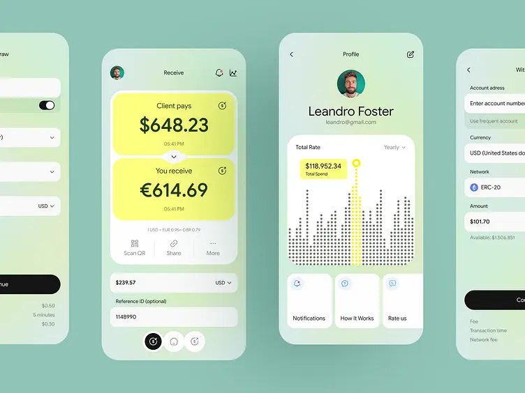 Mobile app interface showcasing digital banking features including transactions, profile spend analysis, and currency transfers 