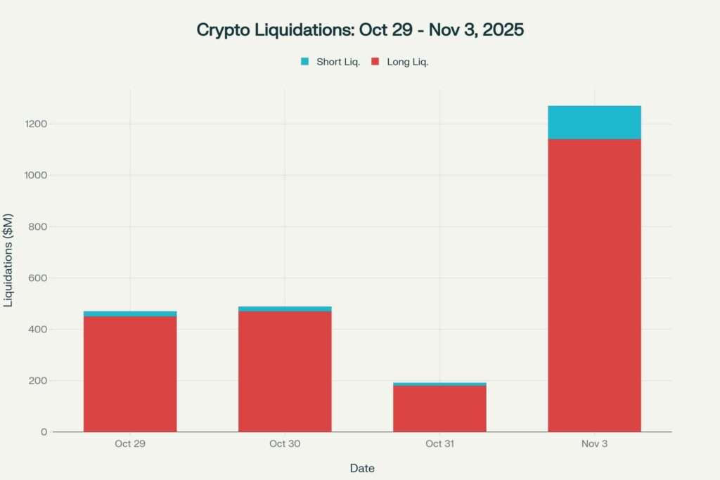 Crypto market liquidations showing $1.34 billion wiped out over four trading days, with long positions accounting for 90% of total liquidations