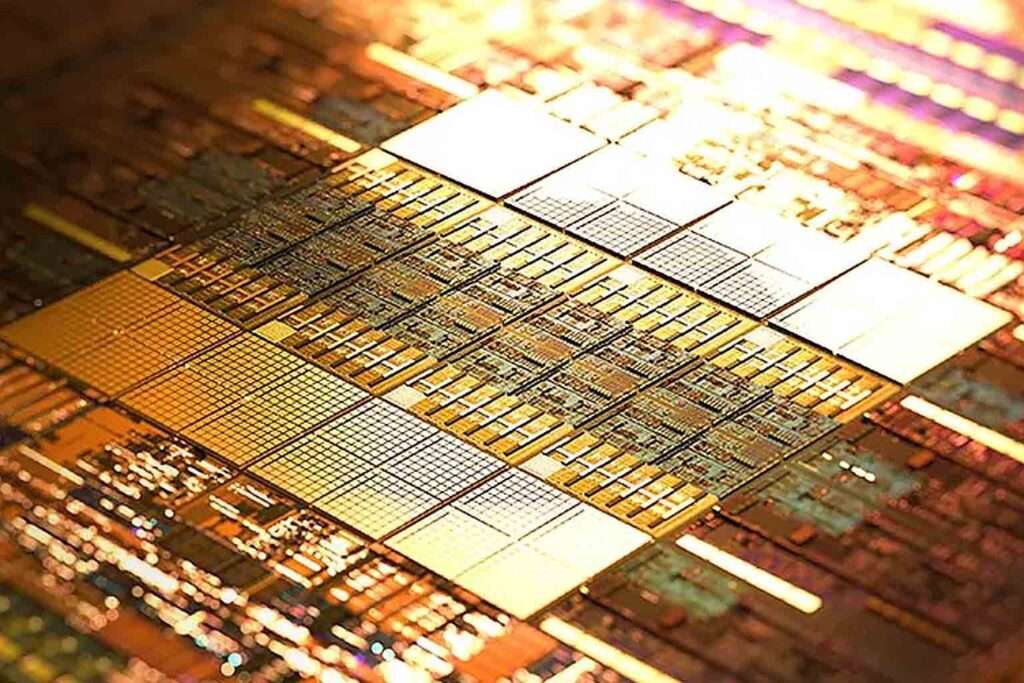 Close-up view of an advanced 3nm semiconductor chip die showcasing intricate circuit patterns and cutting-edge technology 