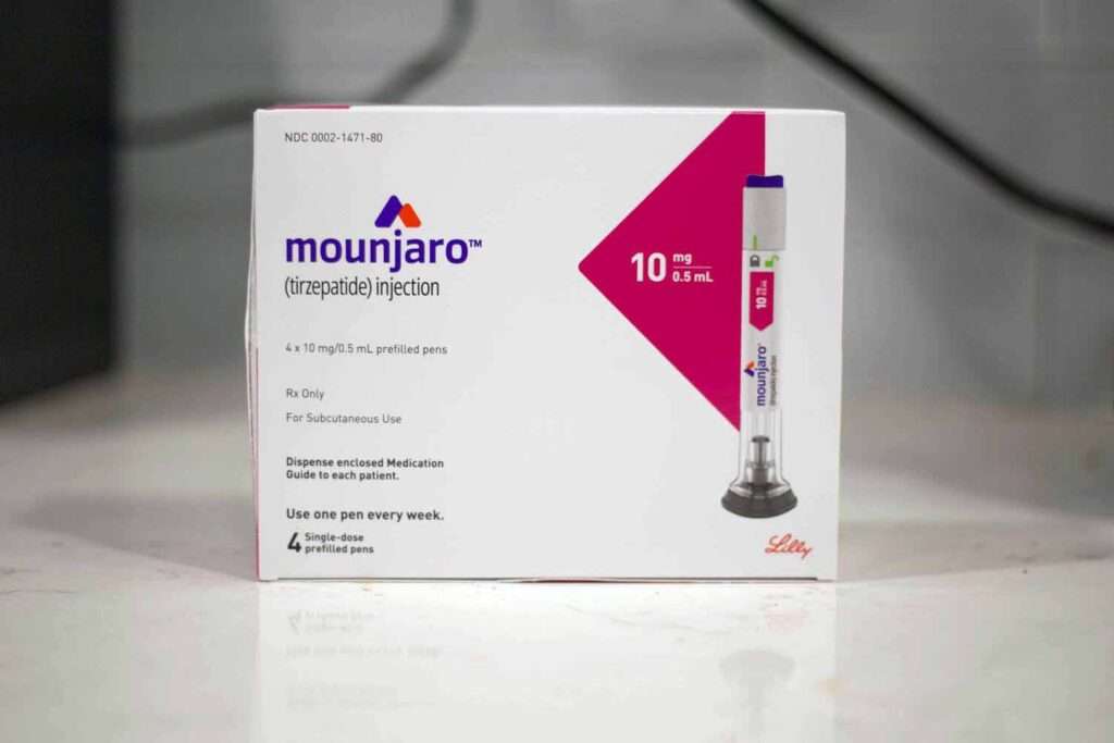 Box of Mounjaro (tirzepatide) injection pens by Eli Lilly, showing dosage and usage instructions for weight loss treatment 
