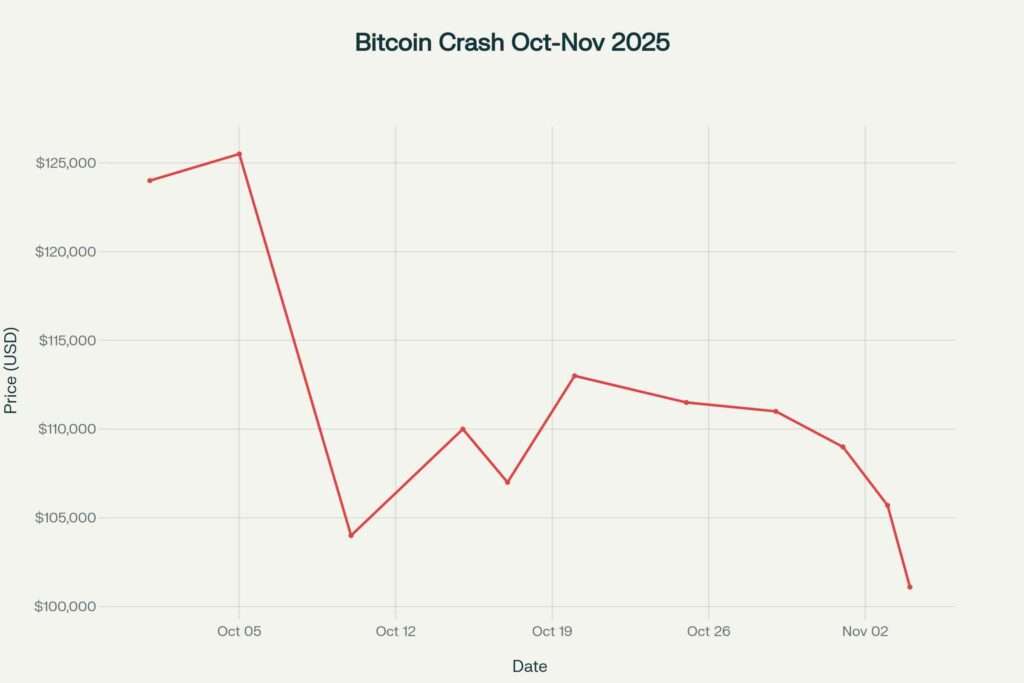 Bitcoin price movement showing the sharp decline from October peak to November lows, marking the worst October performance in a decade