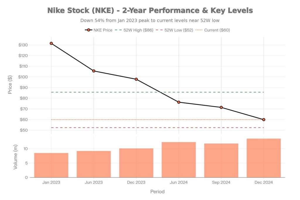 Nike (NKE) 2-Year Stock Performance Showing Sharp Decline from Peak and Current Trading Levels