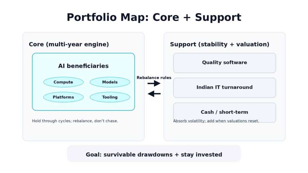 Alt text options for the “two-sleeve portfolio map (core + support)” image (pick one):

“Two-sleeve portfolio map showing an AI core sleeve and a support sleeve with quality software, Indian IT turnaround, and cash.