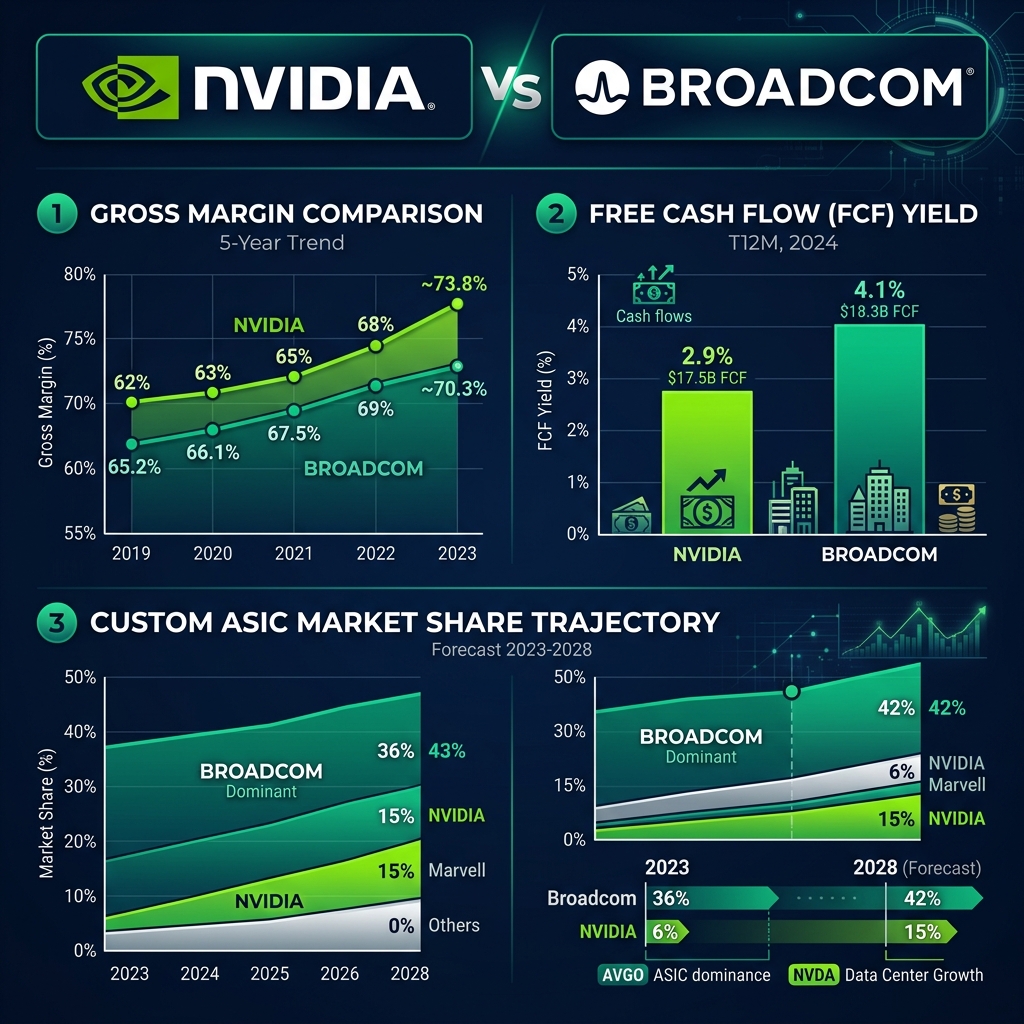 Broadcom vs NVIDIA Custom ASIC Market Share and FCF Infographic